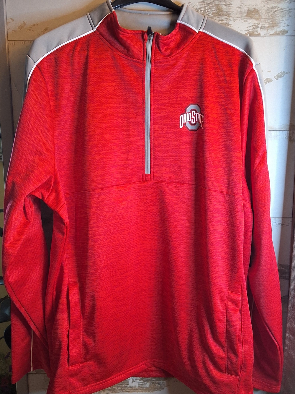 Colosseum Men's Red Zip-Up Sweater with Gray Accents and Ohio State Logo XL